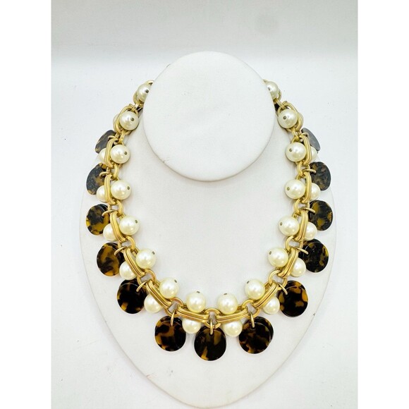 J. Crew Faux Pearl Chunky Necklace Tortoise Shell Dangles Brushed Gold Tone - Picture 1 of 8